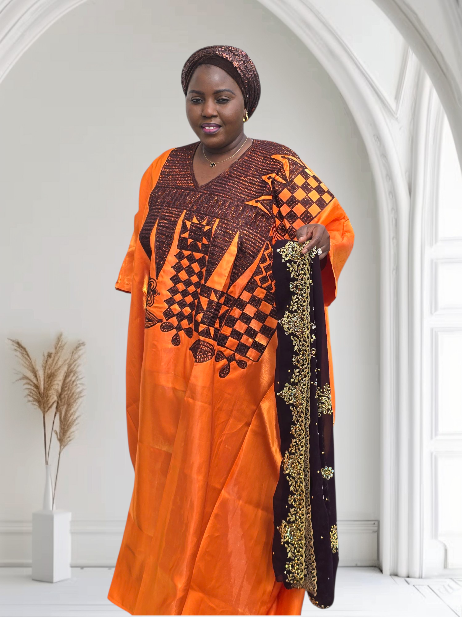 ABIKE ARIYIKE Elegant African Embroidered Boubou Kaftan – Available in Orange, Pink & White/Gold