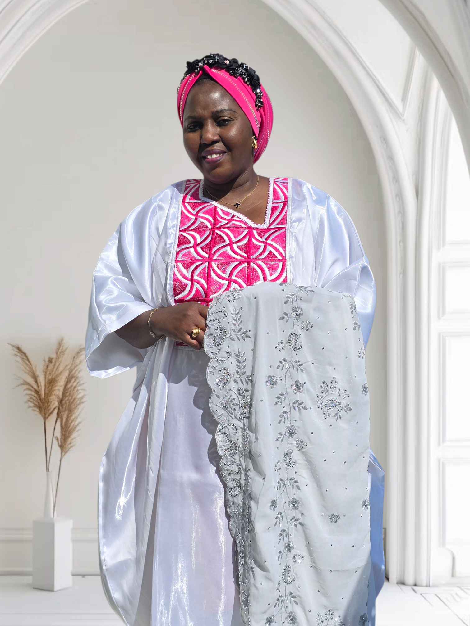ABENI ARIYIKE Luxury African MIKADO Boubou Kaftan – Available in Navy/Yellow & White/Pink