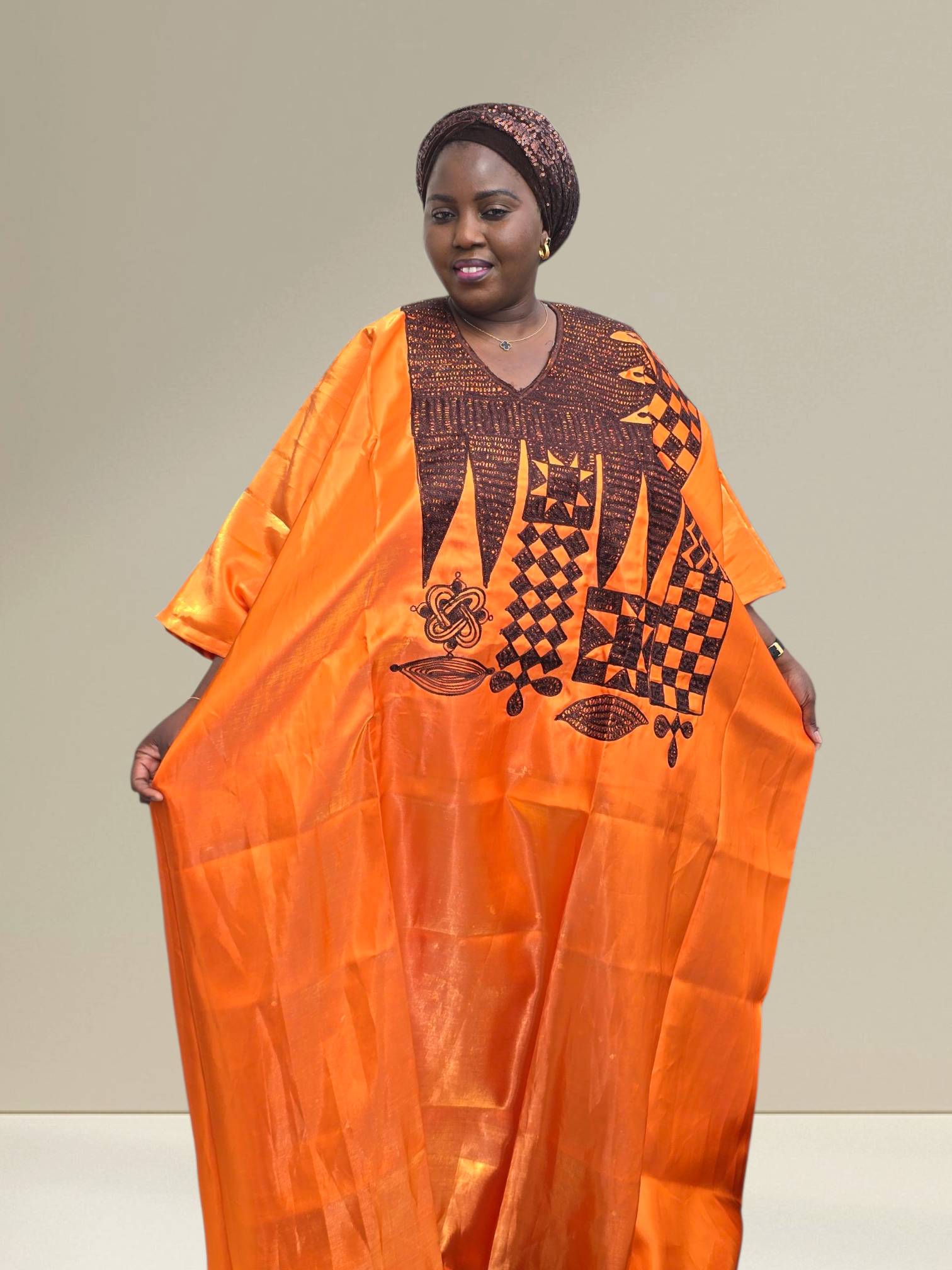 ABIKE ARIYIKE Elegant African Embroidered Boubou Kaftan – Available in Orange, Pink & White/Gold